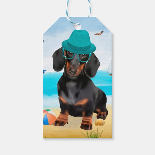 Étiquettes-cadeau Chien teckel sur la plage (Devant)