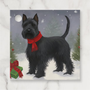 Étiquettes Cadeau Chien Terrier Écossais dans la neige de Noël