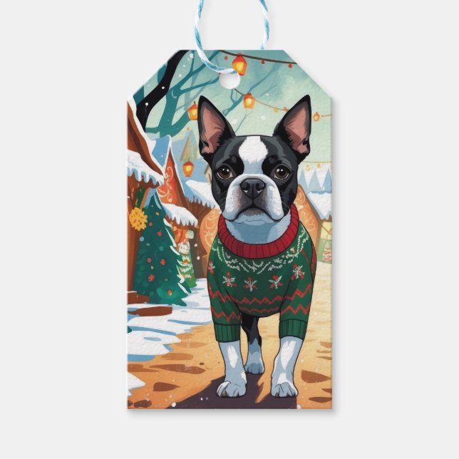 Étiquettes-cadeau Chiens Boston Terrier Noël Fête de fin d'année (Devant)
