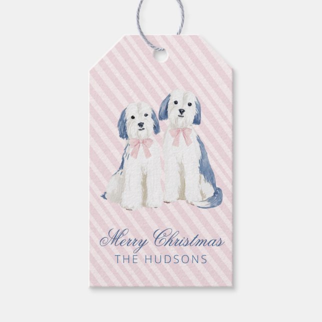 Étiquettes-cadeau Chiens de Noël Bleu & Rose (Devant)