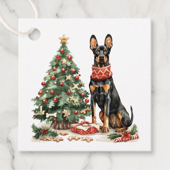 Étiquettes Cadeau Chiens de Noël Dobermann (Devant)