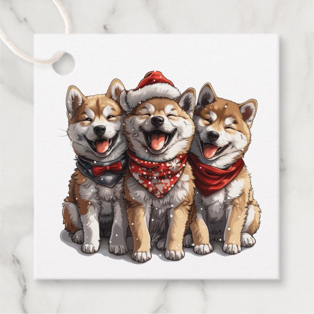 Étiquettes Cadeau Chiens de Noël Shiba Inu Père Noël (Devant)