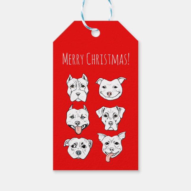 Étiquettes-cadeau Chiens Pitbull de Noël rouges mignons (Devant)