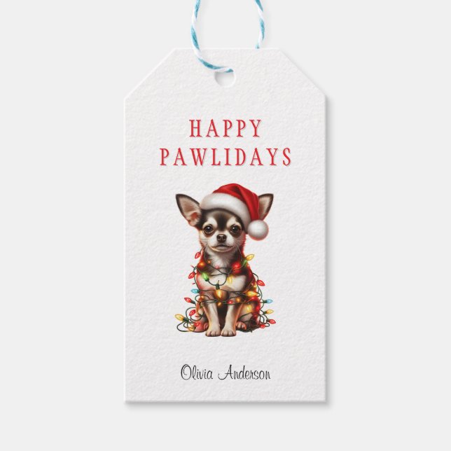 Étiquettes-cadeau Chihuahua Chien enchevêtré dans les lumières de No (Devant)