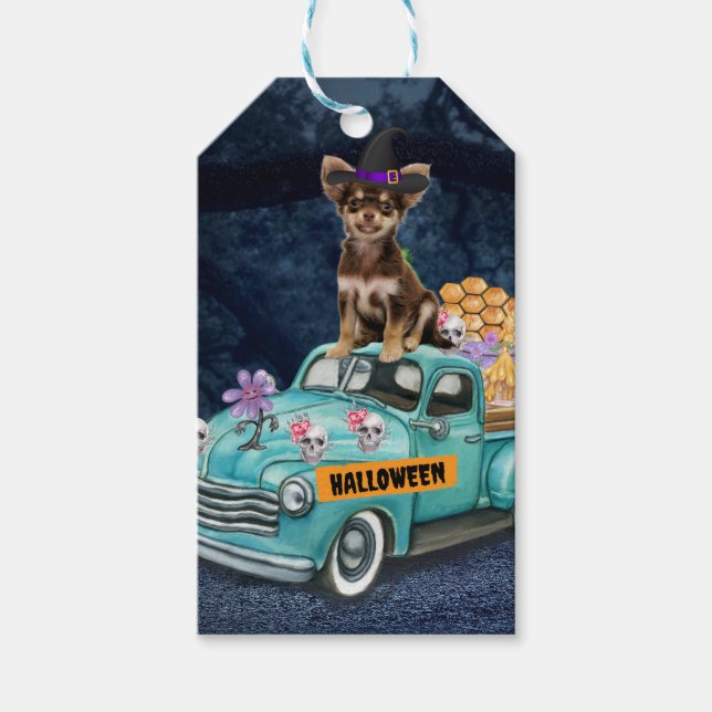 Étiquettes-cadeau Chihuahua Chien Halloween Camion Effrayant Nuit (Devant)