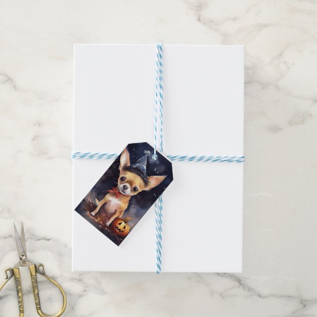 Étiquettes-cadeau Chihuahua d'Halloween avec la peur Citrouille (Avec de laficelle)