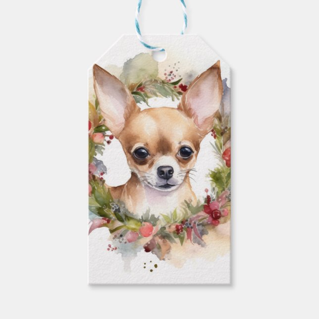 Étiquettes-cadeau Chihuahua Fête de la couronne de Noël Coupe (Devant)