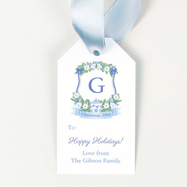 Étiquettes-cadeau Chinoiserie Bleu Blanc Armoirie Joyeux Noël (Blue and white pottery dogs chinoiserie monogram merry christmas gift tags)