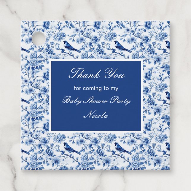 Étiquettes Cadeau Chinoiserie Blue Birds and Flowers Baby Shower (Devant)