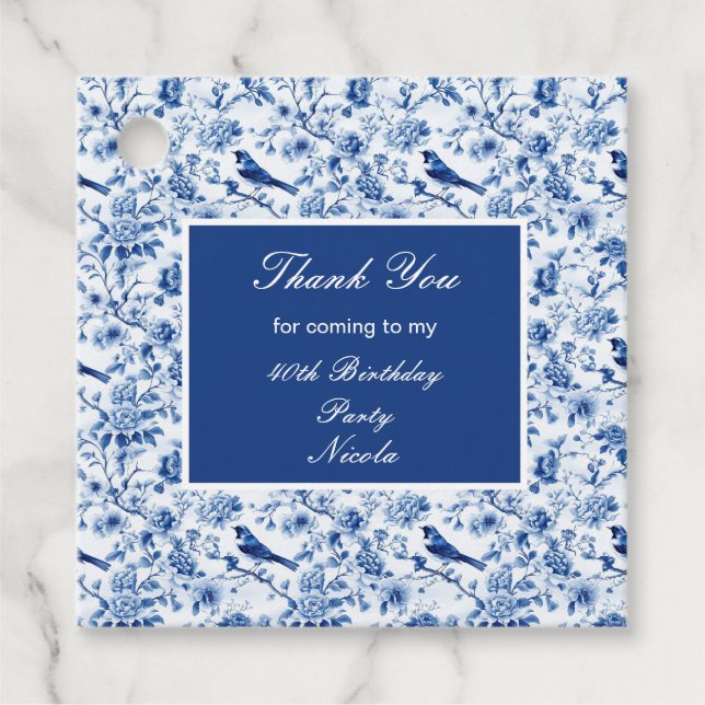 Étiquettes Cadeau Chinoiserie Blue Birds and Flowers Birthday (Devant)