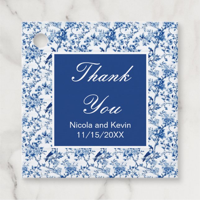 Étiquettes Cadeau Chinoiserie Blue Birds and Flowers Mariage (Devant)