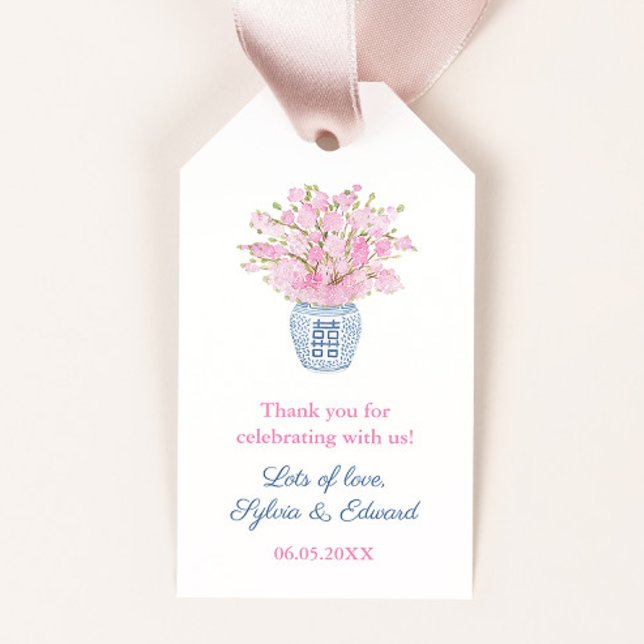 Étiquettes-cadeau Chinoiserie Chic Blush et Marine Wedding shower Gi (Pink and navy blue chinoserie chic bridal shower favor tags)