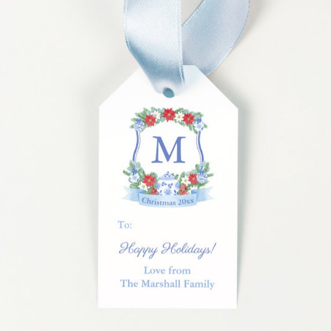 Étiquettes-cadeau Chinoiserie Chic Poinsettia Wreath Joyeux Noël (Red poinsettia blue and white chinoiserie monogram crest merry christmas gift tags)