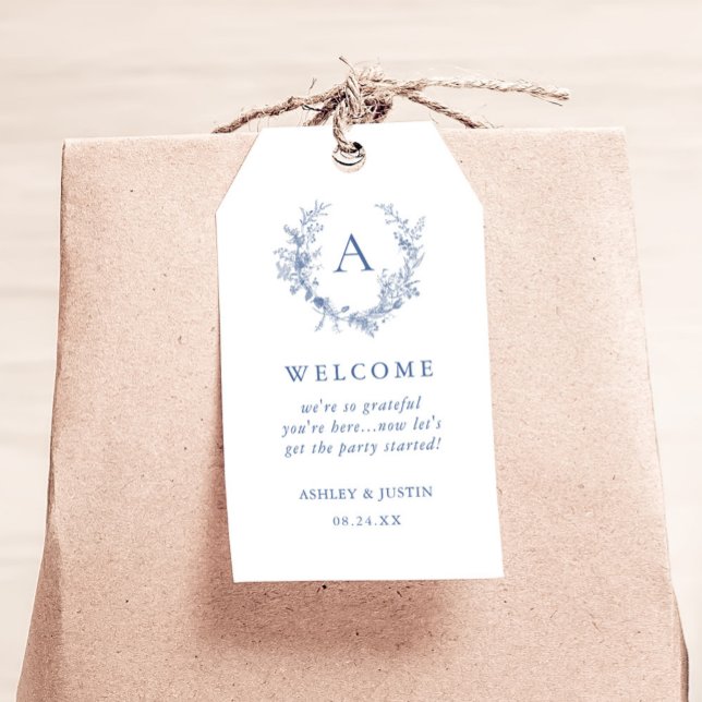 Étiquettes-cadeau Chinoiserie classique Monogramme bleu Mariage Bien (Créateur téléchargé)