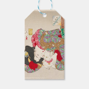 Étiquettes-cadeau Chinoiserie Dame japonaise et chat en kimono Art
