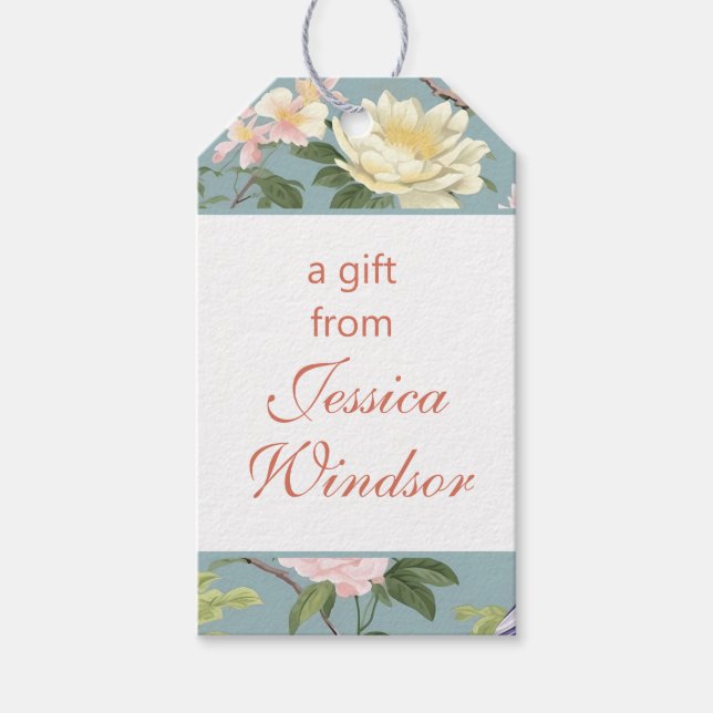 Étiquettes-cadeau Chinoiserie Floral Jade Egret (Devant)