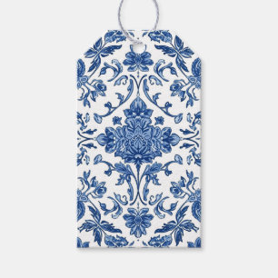 Étiquettes-cadeau Chinoiserie florale bleue aquarelle blanche