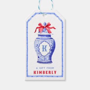 Étiquettes-cadeau Chinoiserie Ginger Jar Monogramme Bow rouge