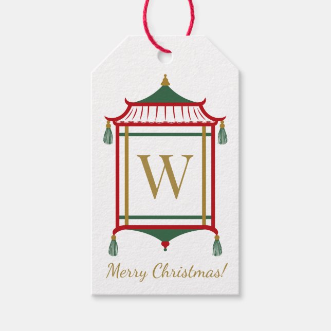 Étiquettes-cadeau Chinoiserie Pagode Monogramme, Noël personnalisé (Devant)