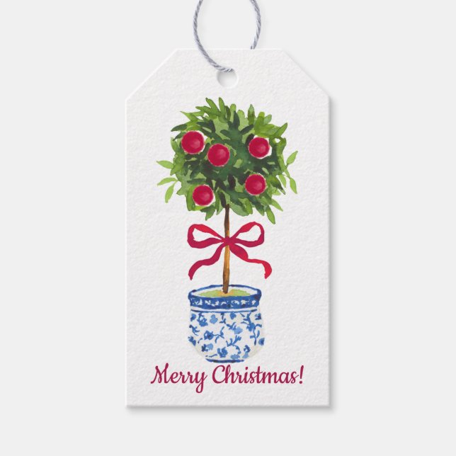 Étiquettes-cadeau Chinoiserie Topiary Noël, Blanc Bleu (Devant)