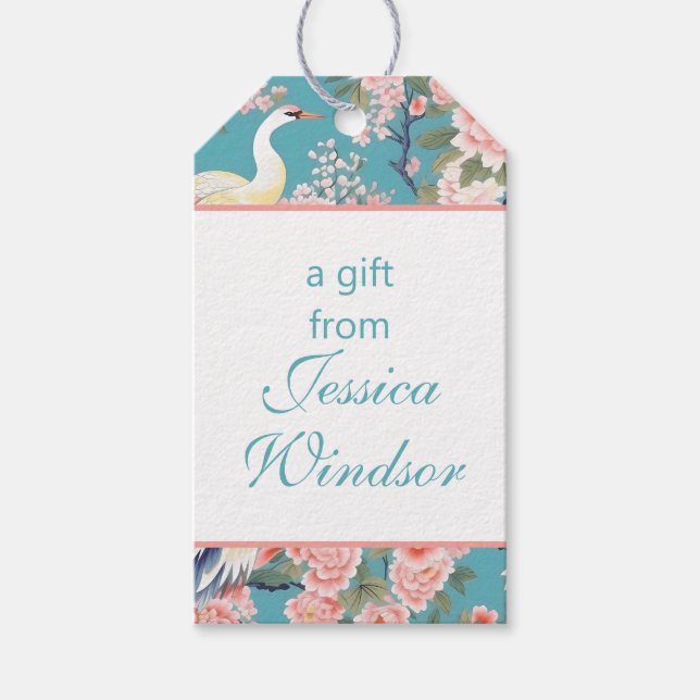 Étiquettes-cadeau Chinoiserie Turquoise Floral Egret (Devant)