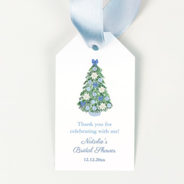 Étiquettes-cadeau Chinoiserie Vacances Arbre Fête des mariées Favori (Blue and white ornately decorated Christmas tree bridal shower favor tags)