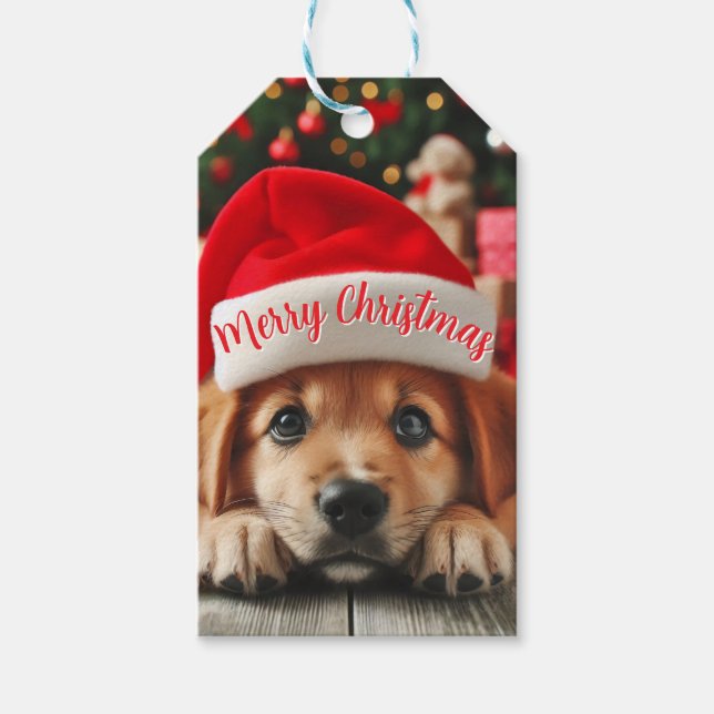 Étiquettes-cadeau Chiot d'assistance de père Noël (Devant)