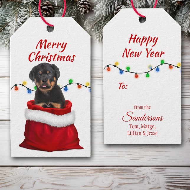 Étiquettes-cadeau Chiot Rottweiler dans le sac Père Noël (Créateur téléchargé)