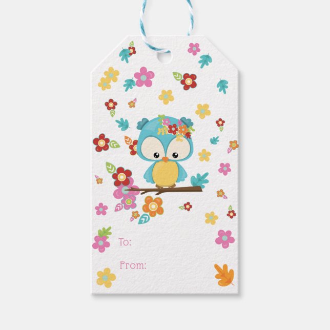 Étiquettes-cadeau Chouette boisée mignonne et fleurs Baby shower béb (Devant)