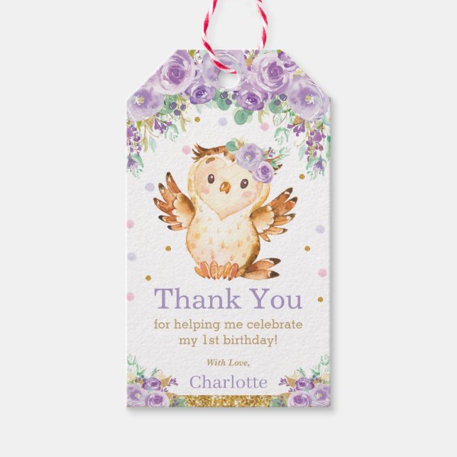 Étiquettes-cadeau Chouette florale pourpre 1er anniversaire Merci de (Devant)