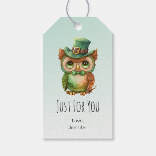 Étiquettes-cadeau Chouette mignonne dans un chapeau de dessus vert j