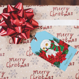 Étiquettes-cadeau Chouette neigeuse Poinsettias rouges Noël