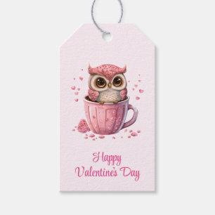 Étiquettes-cadeau Chouette rose mignonne dans une coupe Saint-Valent