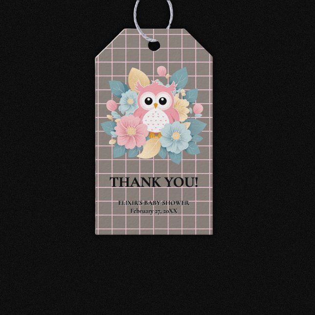 Étiquettes-cadeau Chouette rose moderne Baby shower Floral & Grille (Créateur téléchargé)