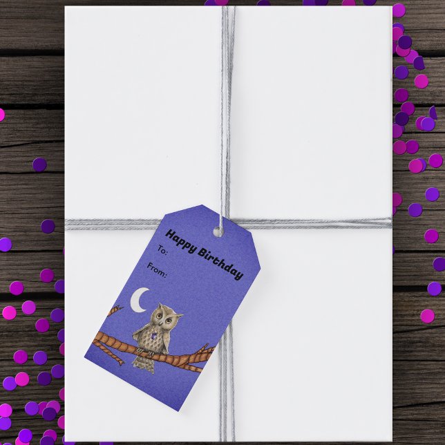 Étiquettes-cadeau Chouette sur Branche Gold Yeux Cristal Collier pou (Tan owl gold eyes purple crystal necklace on branch crescent moon on misty purple birthday gift tag.)