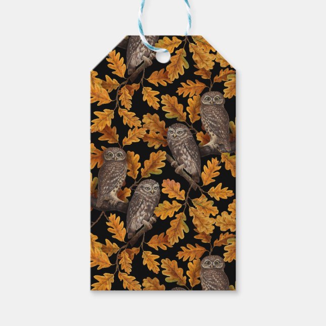 Étiquettes-cadeau Chouettes d'automne sur noir (Devant)