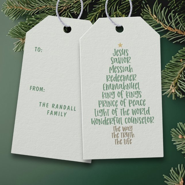Étiquettes-cadeau Christian Christmas Tree Names of Jesus Typography (Jesus’ names form a Christmas tree design. Personalize the “From” name for your family
)