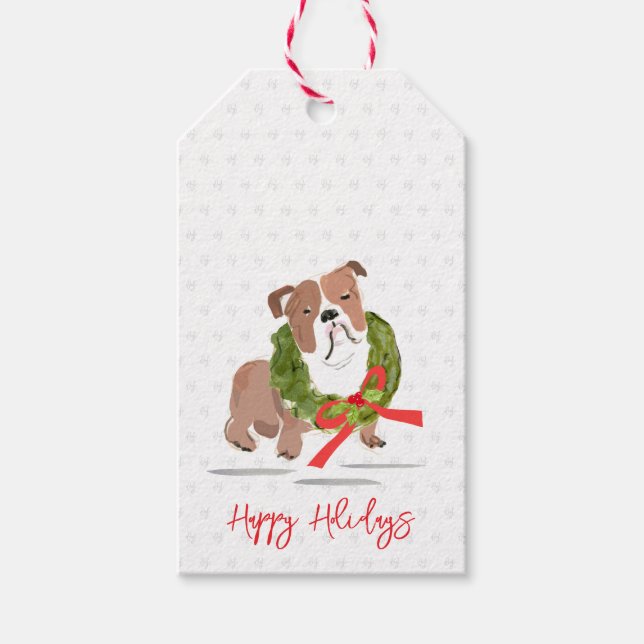 Étiquettes-cadeau Christmas Bulldog Happy Holidays Holly Love NAME (Devant)
