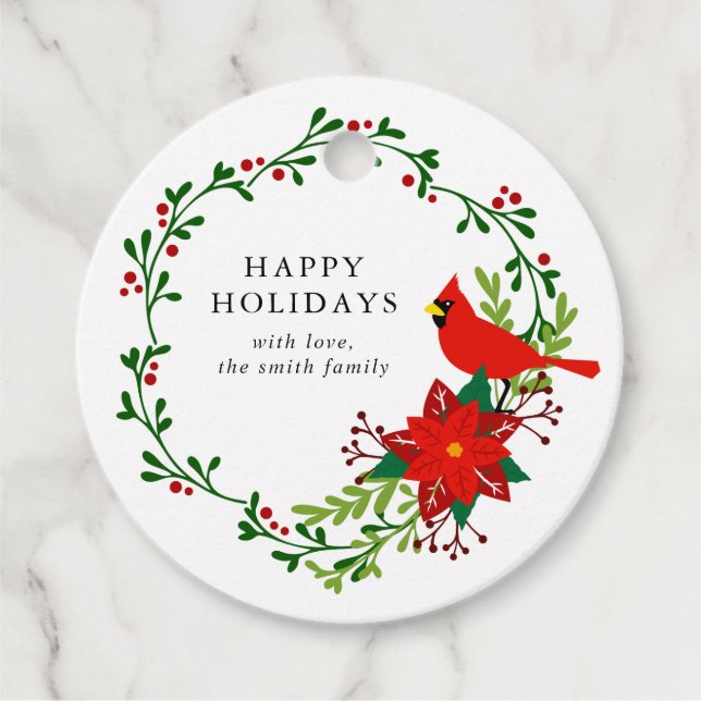 Étiquettes Cadeau Christmas Cardinal, Poinsettia Wreath Holiday (Devant)