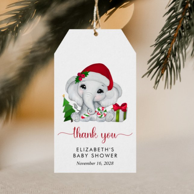 Étiquettes-cadeau Christmas Elephant Père Noël Baby shower Merci (Créateur téléchargé)