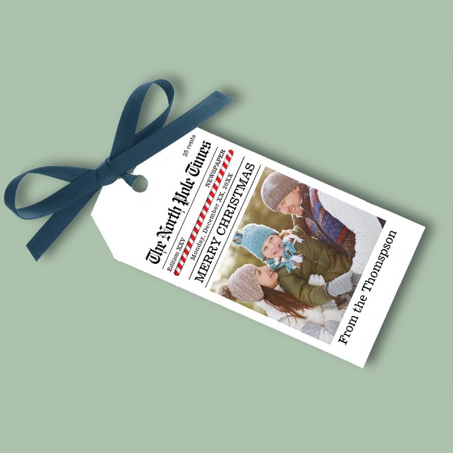 Étiquettes-cadeau Christmas Fun Photo Holiday Newspaper Custom (Christmas whimsical cute Newspaper gift tag with a simple photo template. )