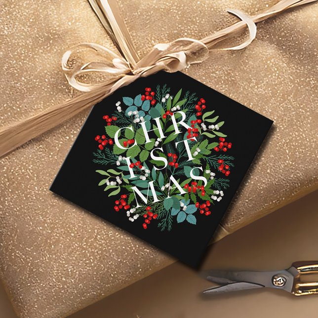 Étiquettes Cadeau CHRISTMAS Greenery Berries Holiday Black (CHRISTMAS Greenery Berries Holiday Black Favor Tags)