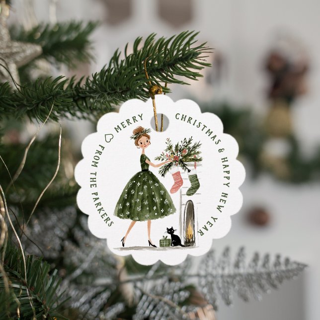 Étiquettes Cadeau Christmas Lady with Cat Personalized Plaid Holiday (Créateur téléchargé)