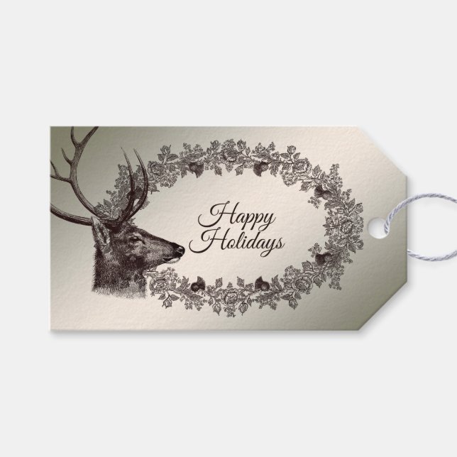 Étiquettes-cadeau Christmas Party Floral Reindeer Golden Winter (Devant (Horizontal))
