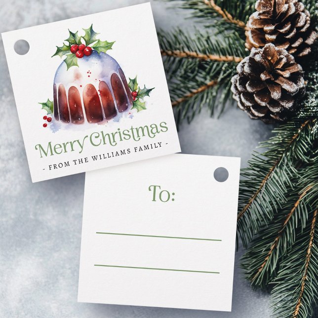 Étiquettes Cadeau Christmas pudding holly berries watercolor (Christmas pudding holly berries watercolor favor tags)
