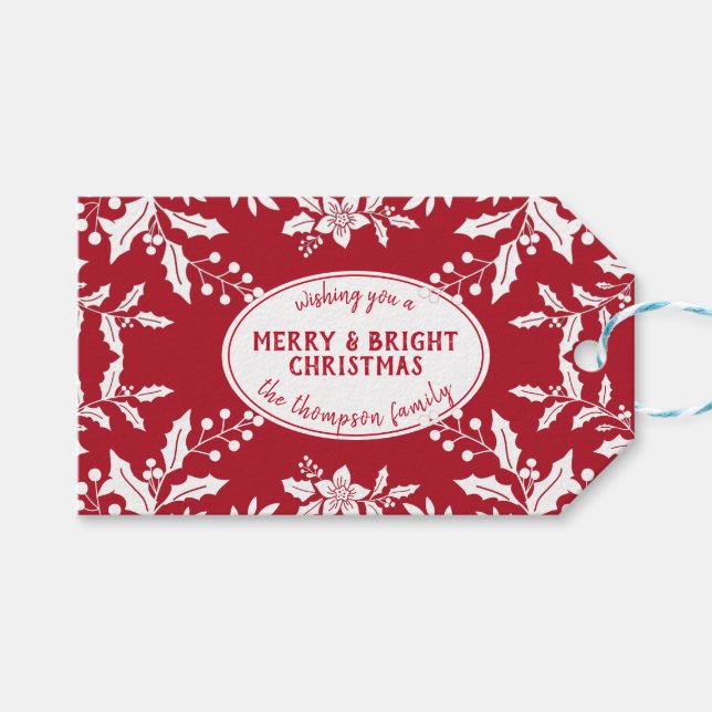 Étiquettes-cadeau Christmas Red, White Holly, Nom de famille, Festif (Devant (Horizontal))