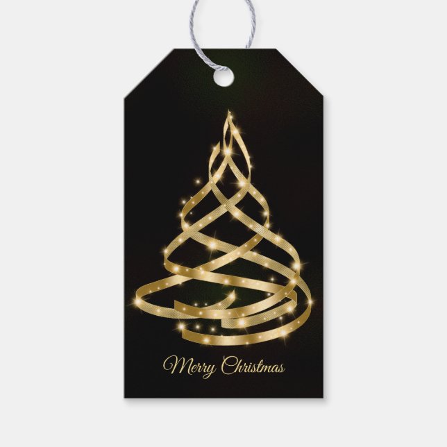 Étiquettes-cadeau Christmas Shiny Golden Ribbon Tree Sparkle Black (Devant)