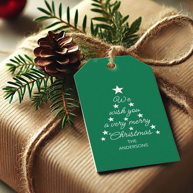 Étiquettes-cadeau Christmas Tree Typography Green White Stars & Name (Créateur téléchargé)