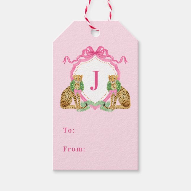 Étiquettes-cadeau Christmas Wreath Leopard Crest Monogram  (Devant)
