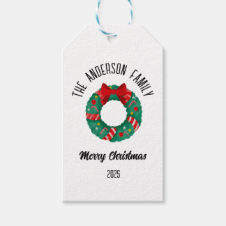 Étiquettes-cadeau Christmas Wreath Red Bow Lights Personalized Name